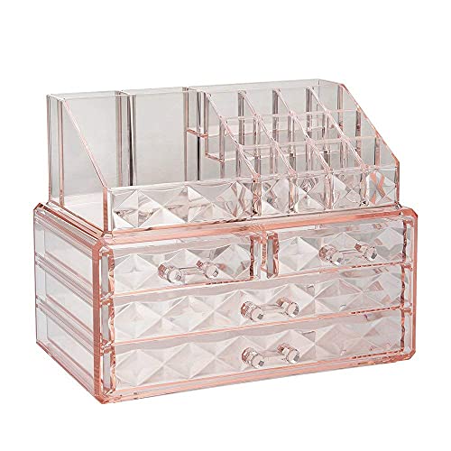 ZHIAI Jewelry and Cosmetic Boxes with Brush Holder – Pink Diamond Pattern Storage Display Cube Including 4 Drawers and 2 Pieces Set