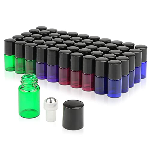 Pack of 50,2ml (5/8 Dram) Glass Roll on Bottle Mixed Color Sample Test Roller Essential Oil Vials Stainless Steel Roller Balls With Black Cap For Aromatherapy,Perfume Oils-Pipette included