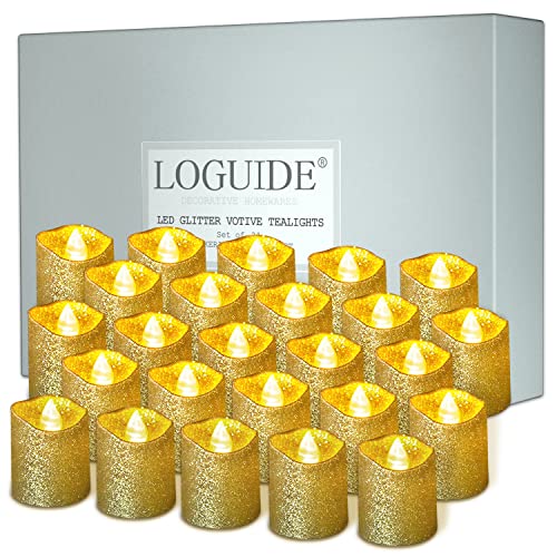 LOGUIDE Gold Flameless Votive Candles,24 Pack Battery Operated Gold Glitter Flickering Fake LED Tea Lights for Wedding Centerpieces,Table,Anniversary,Outdoor,Christmas Decorations