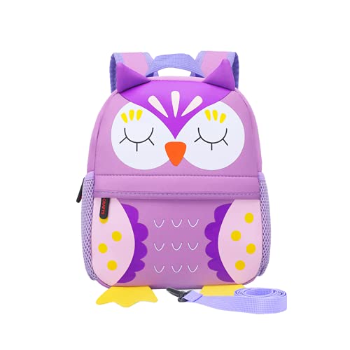 KK CRAFTS Preschool Toddler Backpack with Leash, 3D Cute Cartoon Neoprene Animal Schoolbag for Kids Boys Girls（Purple Owl）