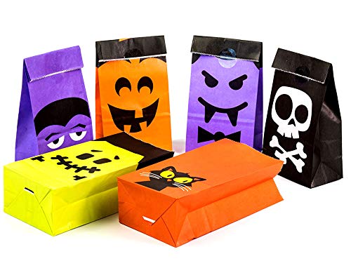 UNIQOOO 60Pcs Halloween Trick or Treat Gift Bags Bulk, Small 7×3.5 Inch Food Safe Paper Pastry Cookie Goodie Candy Bags with Stickers, Haunted House Party Favor Decoration for Kids, 6 Designs