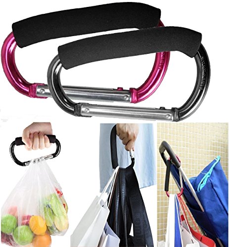 Large Stroller Hooks for Mommy, 2 pcs Carabiner Stroller Hook Organizer for Hanging Purses, Diaper Bag, Shopping Bags. Clip Fits Single/Twin Travel Systems, Car Seats and Joggers (Black+Rose)