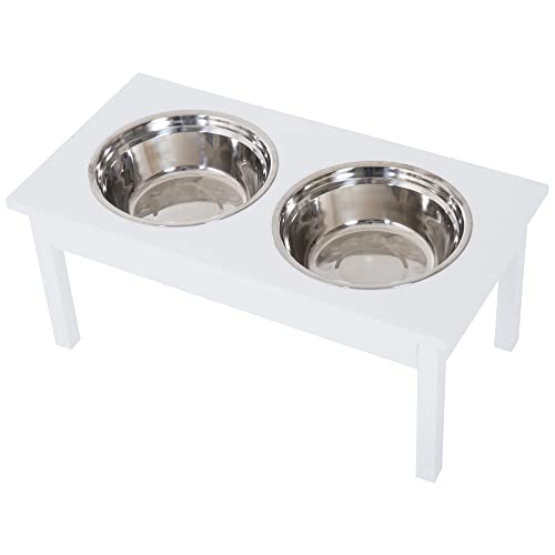 PawHut 23” Wooden Heavy Duty Dog Food Bowls Pet Elevated Feeding Station -White