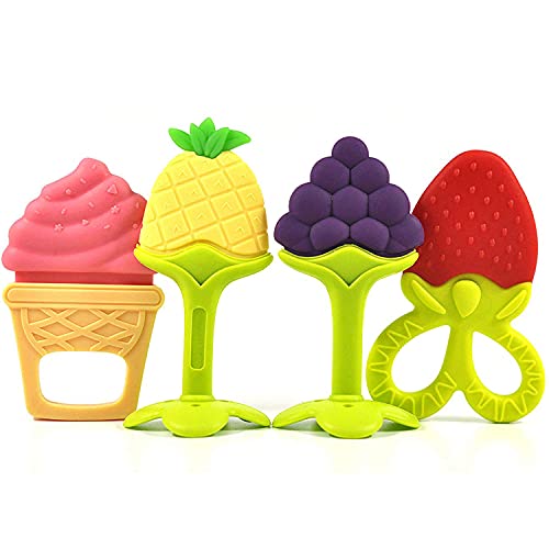 SLGOL Fruit Teething Toys for Babies 4 Pack, BPA Free Silicone Teethers for 3 Month+ Little Boy & Girl Cute Infant and Shower Gifts