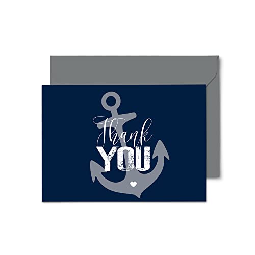 Anchor Thank You Cards (20 Pack) All Occasion Notecards with Envelopes for Showers, Wedding, Graduation, Baby Boy, Bride – Nautical Theme Blue and Grey – Folded 4bar Set