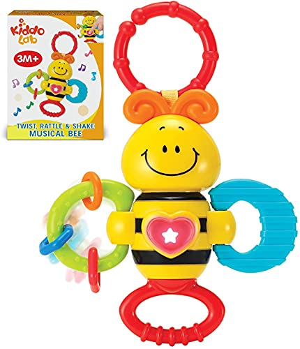 Twist & Rattle Musical Bee Light-Up Toy and Teething Ring for Toddlers – Sensory Chew and Fine Motor Skills Toy for Newborn – Baby Rattle and Teething Toys for 3+ Months Babies