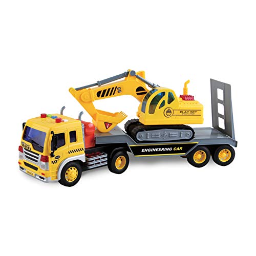 Sunny Days Entertainment Long Haul Excavator Transport – Lights and Sounds Pull Back Toy Vehicle with Friction Motor | Realistic Construction Truck and Trailer for Kids – Maxx Action