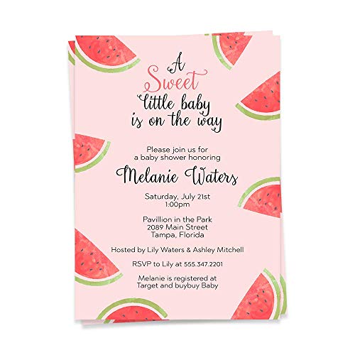 Watermelon Baby Shower Invitations Watermelon Invites BBQ BabyQ Fruit Pink Red Green Summer Sprinkle Girls Custom Printed Cards (12 count)