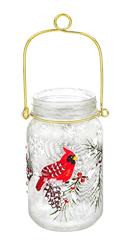 Cypress Home Beautiful Christmas Cardinal and Pine Cones Hand Painted Glass LED Mason Jar Table Décor – 4 x 3 x 6 Inches Indoor/Outdoor Decoration for Homes, Yards and Gardens