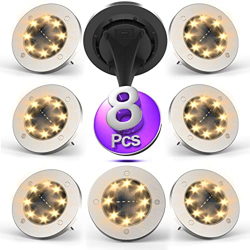 Solar Lights Outdoor, Disk Lights Solar Powered – 8 Led, Outdoor in-ground Solar Lights for Landscape, Walkway, Lawn, Steps Decks, Pathway Yard Stairs Fences, LED lamp, Waterproof (Warm White-8pcs)
