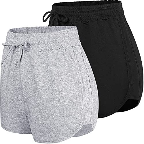 HBY 2 Pack Cotton Yoga Short Women Summer Casual Running Gym Sports Waistband Shorts, M Black/Grey