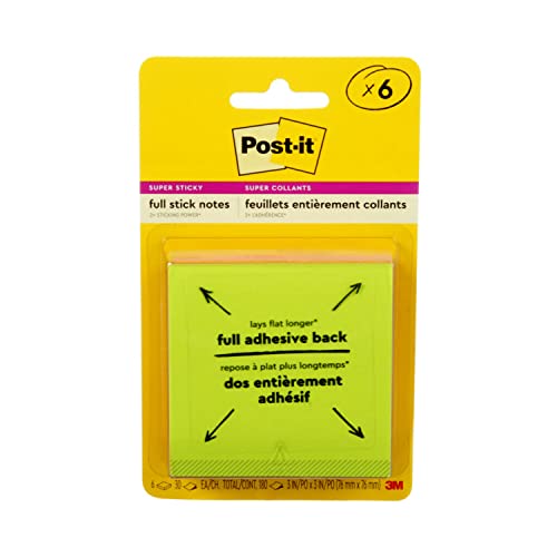 Post-it Super Sticky Full Stick Notes, 3 in x 3 in, 6 Pads, 2x the Sticking Power, Rio de Janeiro Collection, Bright Colors (Orange, Pink, Blue, Green), Recyclable (F330-6CUBERFIL)