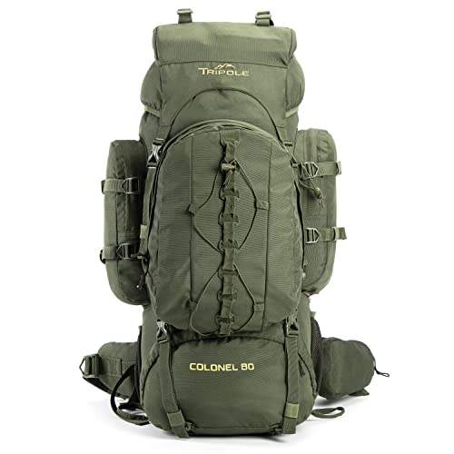 TriPole Colonel 95 Litres Internal Frame Rucksack + Detachable Day Pack, Rain Cover, Army Green