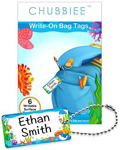 Child ID Bag Tags, Write-On Kids Name Tags for Backpack, Lunchbox & Diaper Bag, Great for Preschool & Daycare, Pack of 6 (Blue Ocean)