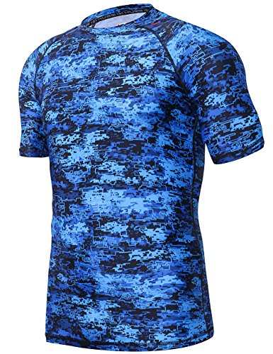 HUGE SPORTS Men’s UV Sun Protection UPF 50+ Full Digital Print Rash Guard Short Sleeves (Pixel Blue, M)