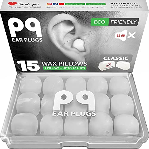 PQ Wax Ear Plugs for Sleep – 15 Silicone Wax Earplugs for Sleeping and Swimming – Gel Ear Plugs for Noise Cancelling, Ear Protection – Sleeping Earplugs with Sound Blocking Level of 32 Db (15-Pillows)