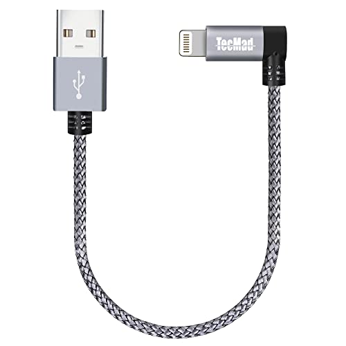 TecMad Short iPhone Charging Cable [C89 Apple MFi Certified] 90 Degree Lightning Cable, Nylon Braided Data Sync Cord for iPhone 14/13/12/11 Pro Max/XS MAX/XR/XS/X/8/7/Plus/6S/6/iPad and More – 0.65ft