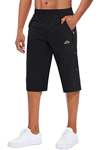 MAGCOMSEN Men’s 3/4 Capri Shorts Zipper Pockets Quick Dry Below Knee Stretchy Drawstring Summer Workout Shorts Black, 38