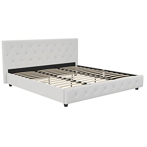 DHP Dakota Upholstered Platform Bed with Diamond Button Tufted Headboard and Footboard, No Box Spring Needed, King, White Faux Leather