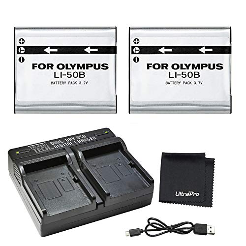 UltraPro 2-Pack LI-50B High-Capacity Replacement Batteries w/Rapid Dual Charger for Select Olympus Cameras – UltraPro Bundle Includes: Deluxe Microfiber Cleaning Cloth