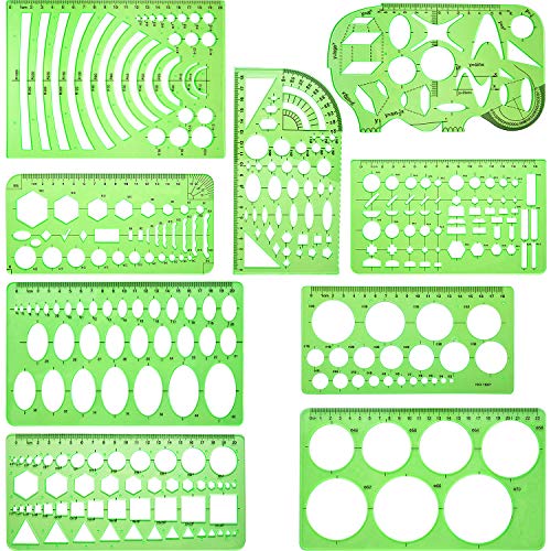 9 Pieces Drawings Templates Measuring Geometric Rulers Plastic Draft Rulers for School Office Supplies, Clear Green
