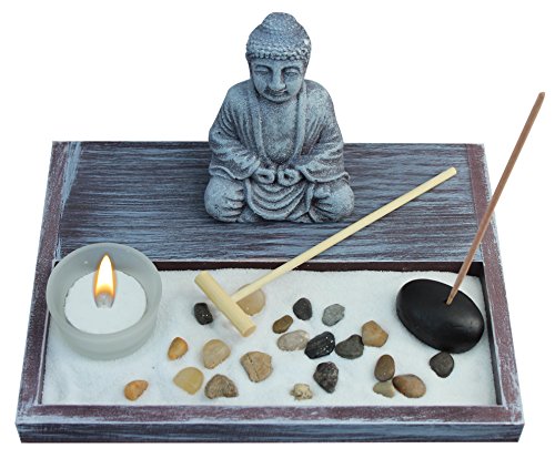 Zen Garden Deluxe Desk Meditation Garden Grey Buddha Statue with Rocks, Tea Light Holder, Rake, Incense and Incense Holder, Sand and Base – Peace & Tranquility (Candle Not Included)