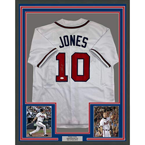 Framed Autographed/Signed Chipper Jones 33×42 Atlanta White Baseball Jersey JSA COA