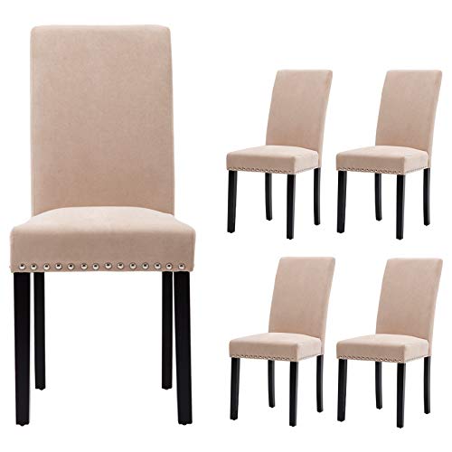 GOTMINSI Upholstered Dining Chairs Padded Parson Chair with Silver Nails and Solid Wood Legs Set of 4 (Beige)