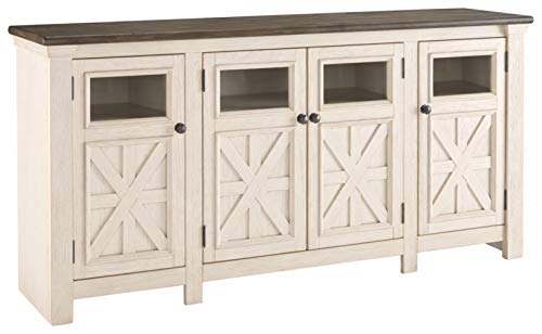 Signature Design by Ashley Bolanburg Two Tone Farmhouse TV Stand, Fits TVs up to 72″, 3 Cabinets and Adjustable Storage Shelves, Whitewash