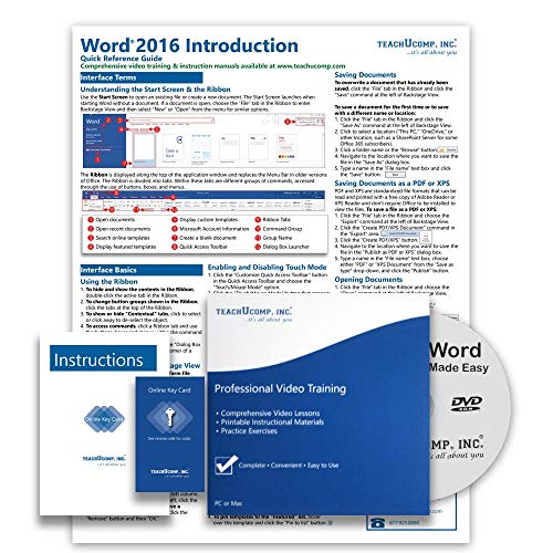 TEACHUCOMP DELUXE Video Training Tutorial Course for Microsoft Word 2016- Video Lessons, PDF Instruction Manual, Quick Reference Guide, Testing, Certificate of Completion