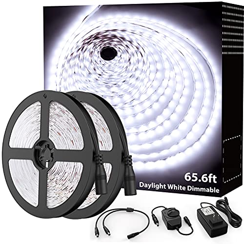 Onforu 65.6ft LED Strip Light Bright White, 6000K Dimmable Daylight White Tape Light, 20m 1200 LEDs 2835 Flexible Ribbon Light, 12V Adhesive Rope Lights for Kitchen, Under Cabinet, Bedroom, Wardrobe | The Storepaperoomates Retail Market - Fast Affordable Shopping