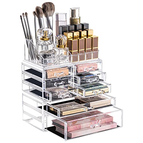 DreamGenius Makeup Organizer 3 Pieces Acrylic Cosmetic Storage Drawers Organizer for Vanity and Bathroom, Stackable Cosmetic Organizer Countertop with 8 Drawers