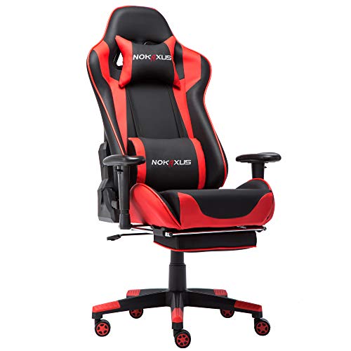 NOKAXUS Gaming Chair Large Size High-Back Ergonomic Racing Seat with Massager Lumbar Support and Retractible Footrest PU Leather 90-180 Degree Adjustment of backrest Thickening sponges (YK-6008-RED)
