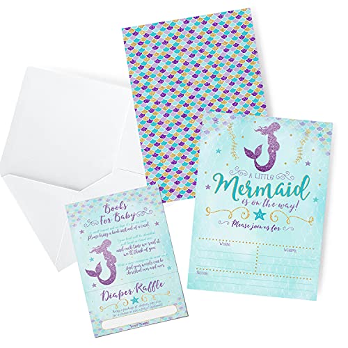 Your Main Event Prints Mermaid Baby Shower Invitation, Blue and Gold Mermaid Baby Shower, Baby Sprinkle Invite, 20 Fill in Invitations and Envelopes