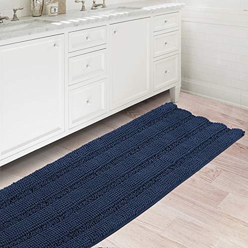 Flamingo P Bath Rugs Ultra Thick and Soft Texture Bath Mat Chenille Plush Striped Floor Mats Hand Tufted Bath Rug with Non-Slip Backing Door Mat for Kitchen/Entryway (Navy – 47″ x 17″)