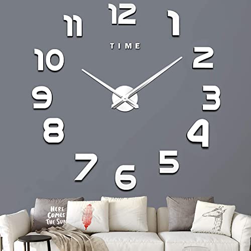 VREAONE Large Wall Clock for Living Room Decor,Frameless DIY Wall Clock Modern 3D Wall Clock with Mirror Numbers Stickers for Home Living Room Bedroom Office Wall Decorations Ideas(Silver)
