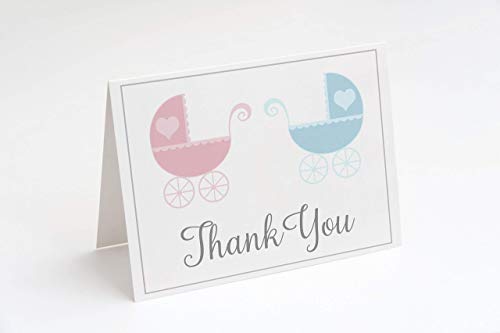 Twins Baby Shower Thank You Cards Gender Reveal Thank You Notes Thank You Cards Shower Lovely Carriages Twins White Pink Blue Grey Gray Stroller Twins (50 Count)