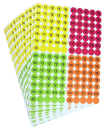 Garage Sale Price Stickers Pack of 4060 3/4″ Round Bright Colors Label Stickers (with Price)