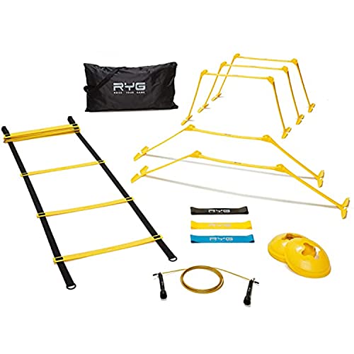 Raise Your Game Agility Ladder Speed Training Set- RYG 8 Cones, 5 Hurdles, Resistance Bands, Exercise for Soccer, Football, Track Field, Basketball, Footwork, Workout Drills, Hockey