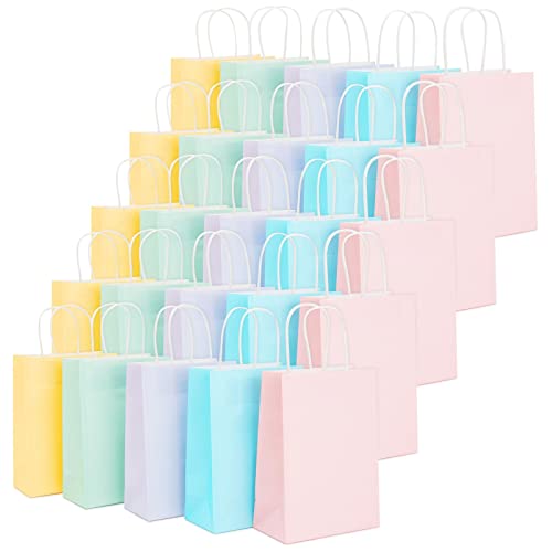 Juvale 25-Pack Pastel-Colored Paper Gift Bags with Handles for Goodies, Birthday Party Favors, Colorful Party Bags, Baby Shower Supplies, 5 Rainbow Colors (8.5 x 6 x 3 Inches)