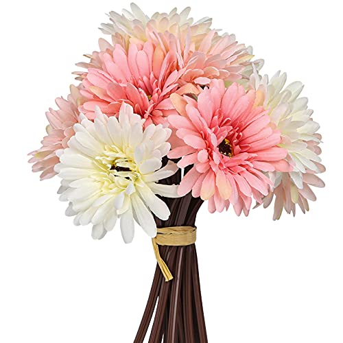 BigOtters Fake Daisy Fake Flowers, 14PCS Faux Gerbera Daisies African Silk Daisy Flowers Artificial for Wedding Bridal Bouquet Party Home Kitchen Decor(Pink and White)