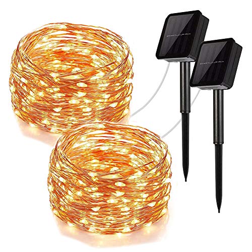 UPOOK Solar String Lights, 100LED Copper Wire Solar Fairy Lights 33Ft 8 Modes Waterproof Outdoor String Lights for Christmas Party Wedding Decoration Patio Garden Yard 2 Pack (Warm White 100LED)