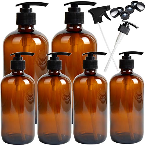 Youngever 6 Pack Empty Glass Pump Bottles, 2 Pack 16 Ounce and 4 Pack 8 Ounce Pump Bottles, Soap Dispenser, Refillable Containers (Amber)