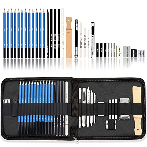KALOUR 33 Pieces Pro Drawing Kit Sketching Pencils Set,Portable Zippered Travel Case-Charcoal Pencils, Sketch Pencils, Charcoal Stick,Sharpener,Eraser.Art Supplies for Artists Beginner Adults Teens