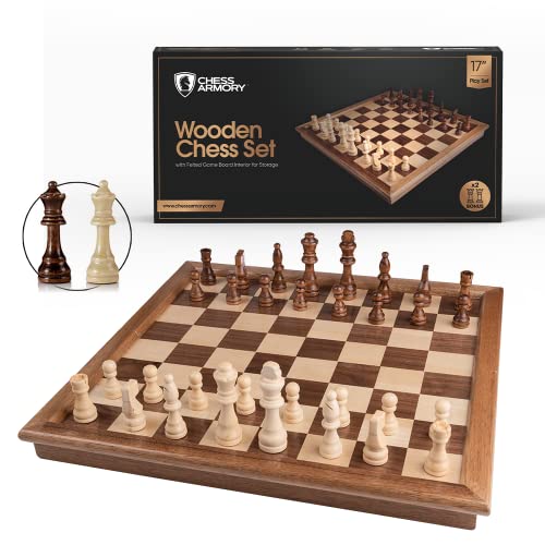 Chess Armory Chess Set 17″ x 17″ Wooden Chess Set – Large Chess Board Set, Unique Chess Game Includes Extra Queen Pieces & Storage Box – Classic Board Game – Chess Sets for Adults and Kids