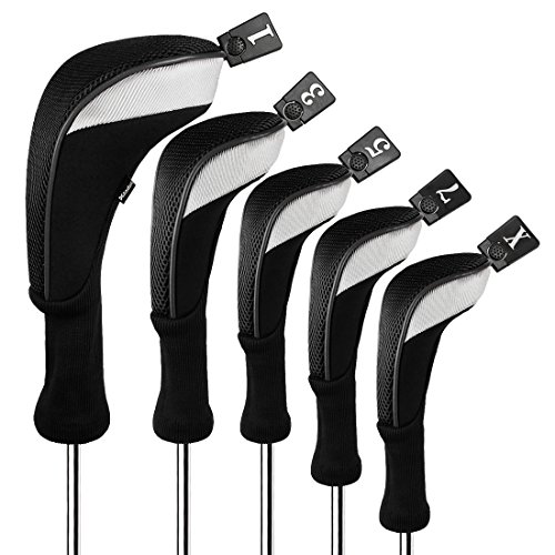 Andux 5pcs/Set Golf 460cc Driver Wood Club Head Covers Long Neck with Interchangeable No. Tags Black