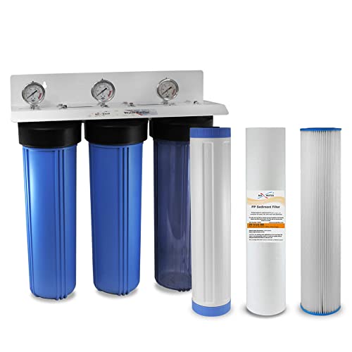 Max Water 3 Stage (Good for City & Cottage Water) 20 inch Water Filtration System for Whole House – Sediment + Pleated Sediment + GAC – 1″ Inlet/Outlet
