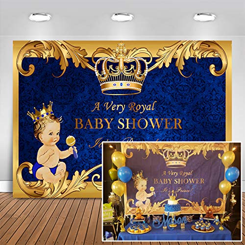 Mehofoto Baby Shower Backdrop Royal Prince Gold Crown Royal Blue Photography Background 7x5ft Vinyl Welcome Little Boy Baby Shower Banner Backdrops