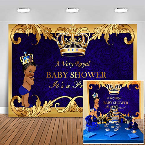 Mocsicka Royal Prince Baby Shower Backdrop Black Boy Gold Crown Photography Background 7x5ft Vinyl Little Prince Royal Blue Backdrops for Baby Shower Party