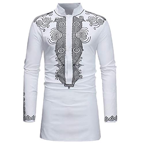 HEFASDM Men’s Long Sleeve African Dashiki Traditional Gold Print Button Down Shirts White M